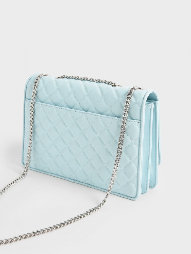 Geanta De Umar Charles & Keith Double Chain Handle Matlasat Albastri Deschis | 601BQCPMJ