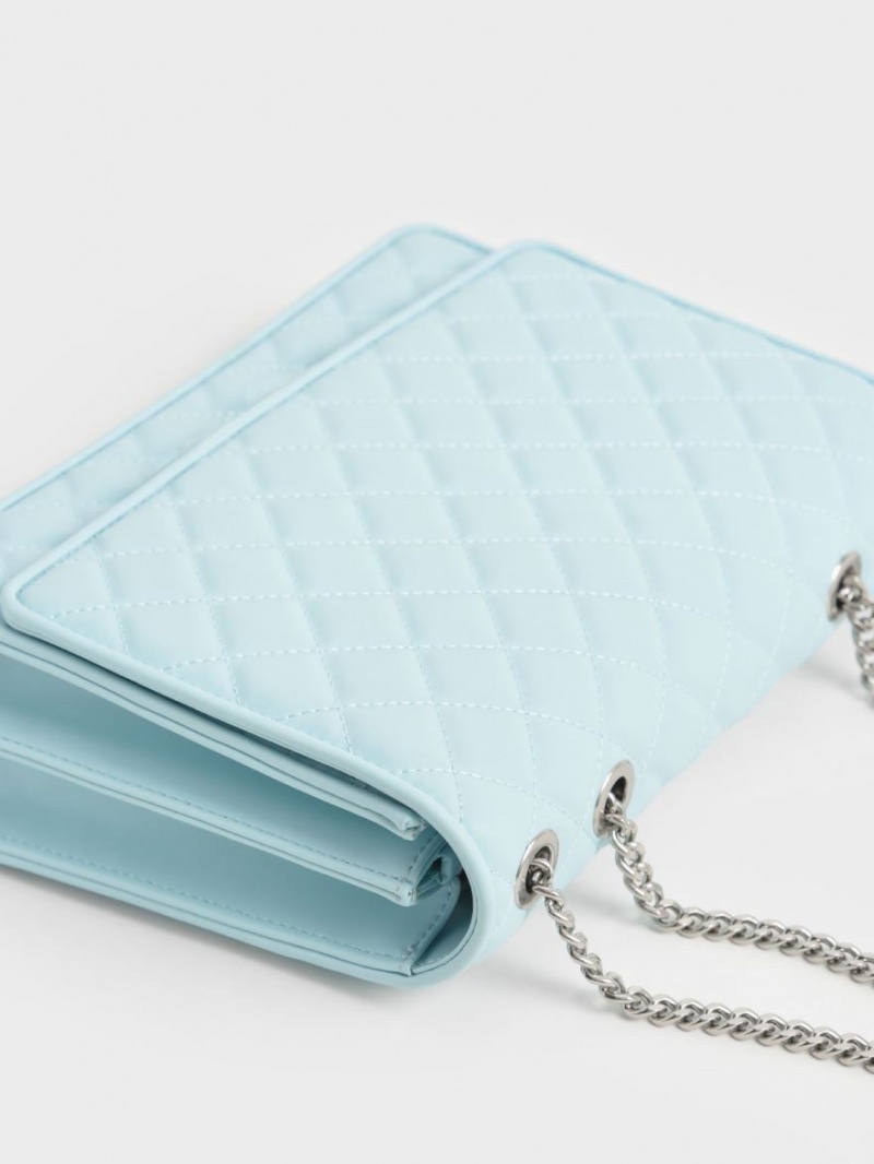 Geanta De Umar Charles & Keith Double Chain Handle Matlasat Albastri Deschis | 601BQCPMJ