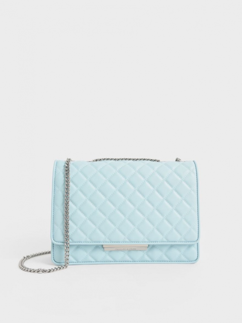 Geanta De Umar Charles & Keith Double Chain Handle Matlasat Albastri Deschis | 601BQCPMJ