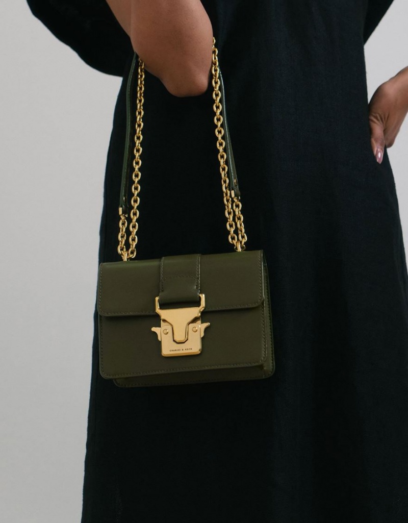 Geanta De Umar Charles & Keith Double Handle Metallic Push-Lock Masline Verzi | 790LDZHTQ