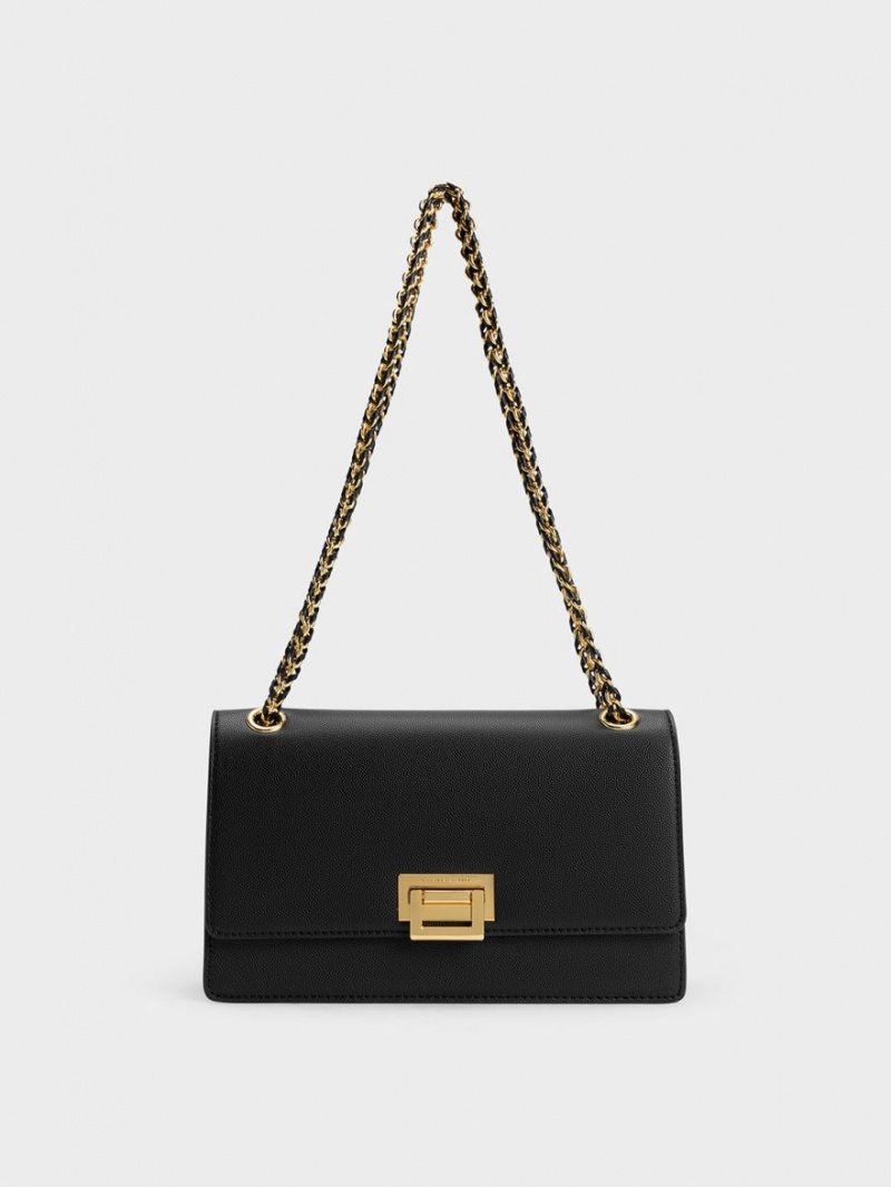 Geanta De Umar Charles & Keith Metallic Accent Front Flap Negrii | 857RWADEH
