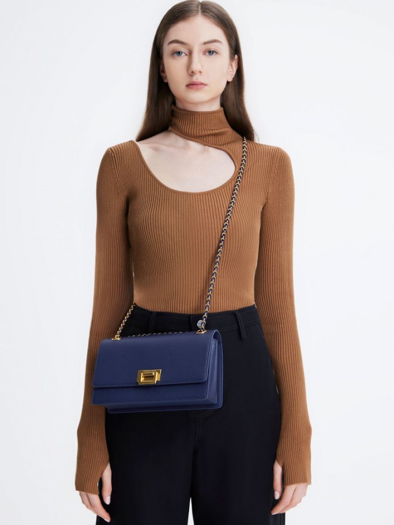 Geanta De Umar Charles & Keith Metallic Accent Front Flap Bleumarin | 481DSTZFI