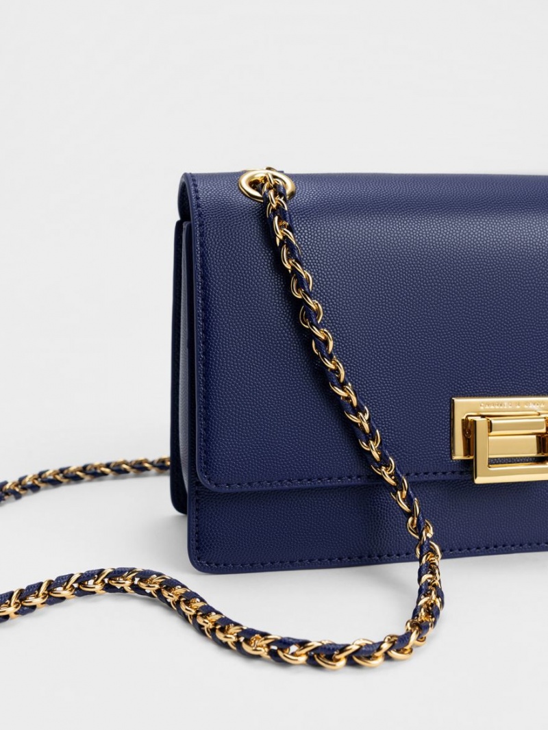 Geanta De Umar Charles & Keith Metallic Accent Front Flap Bleumarin | 481DSTZFI