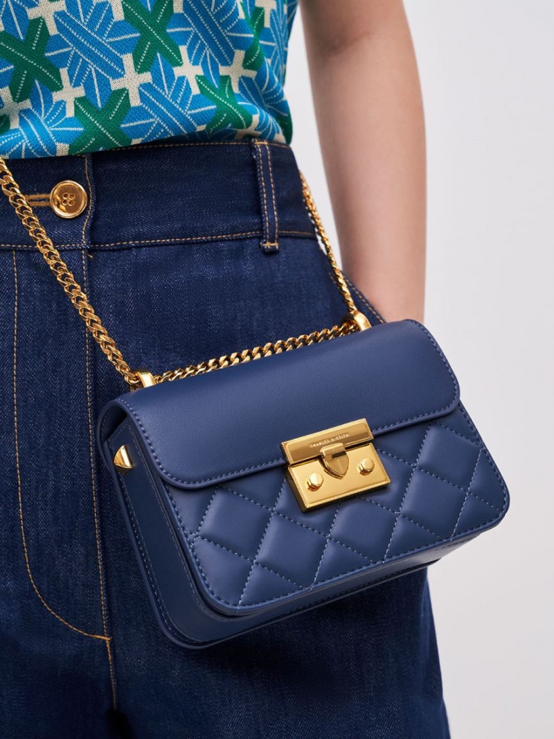 Geanta De Umar Charles & Keith Metallic Push-Lock Chain Bleumarin | 409YTIZCV