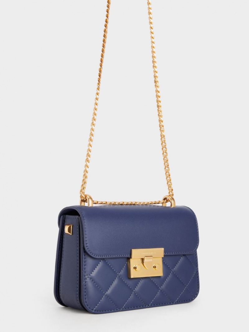 Geanta De Umar Charles & Keith Metallic Push-Lock Chain Bleumarin | 409YTIZCV