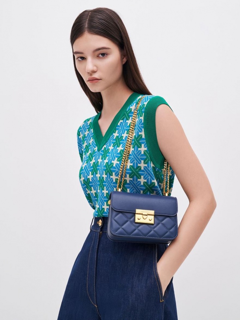 Geanta De Umar Charles & Keith Metallic Push-Lock Chain Bleumarin | 409YTIZCV
