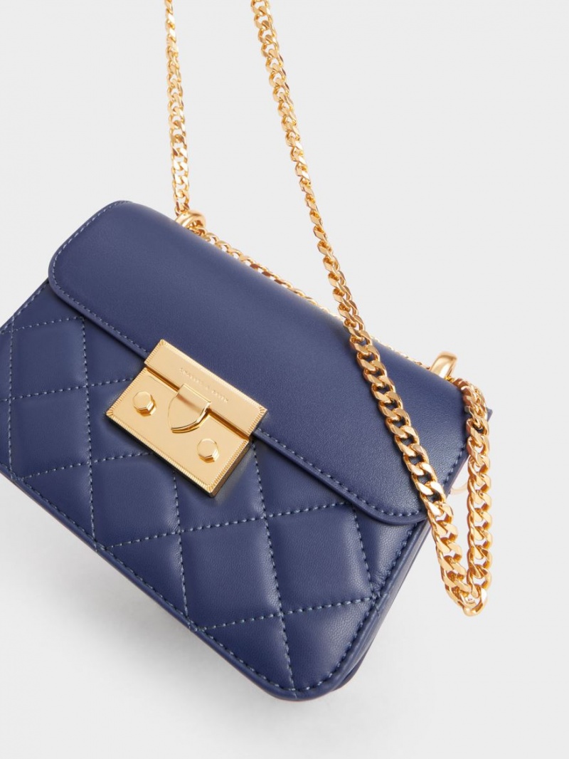 Geanta De Umar Charles & Keith Metallic Push-Lock Chain Bleumarin | 409YTIZCV