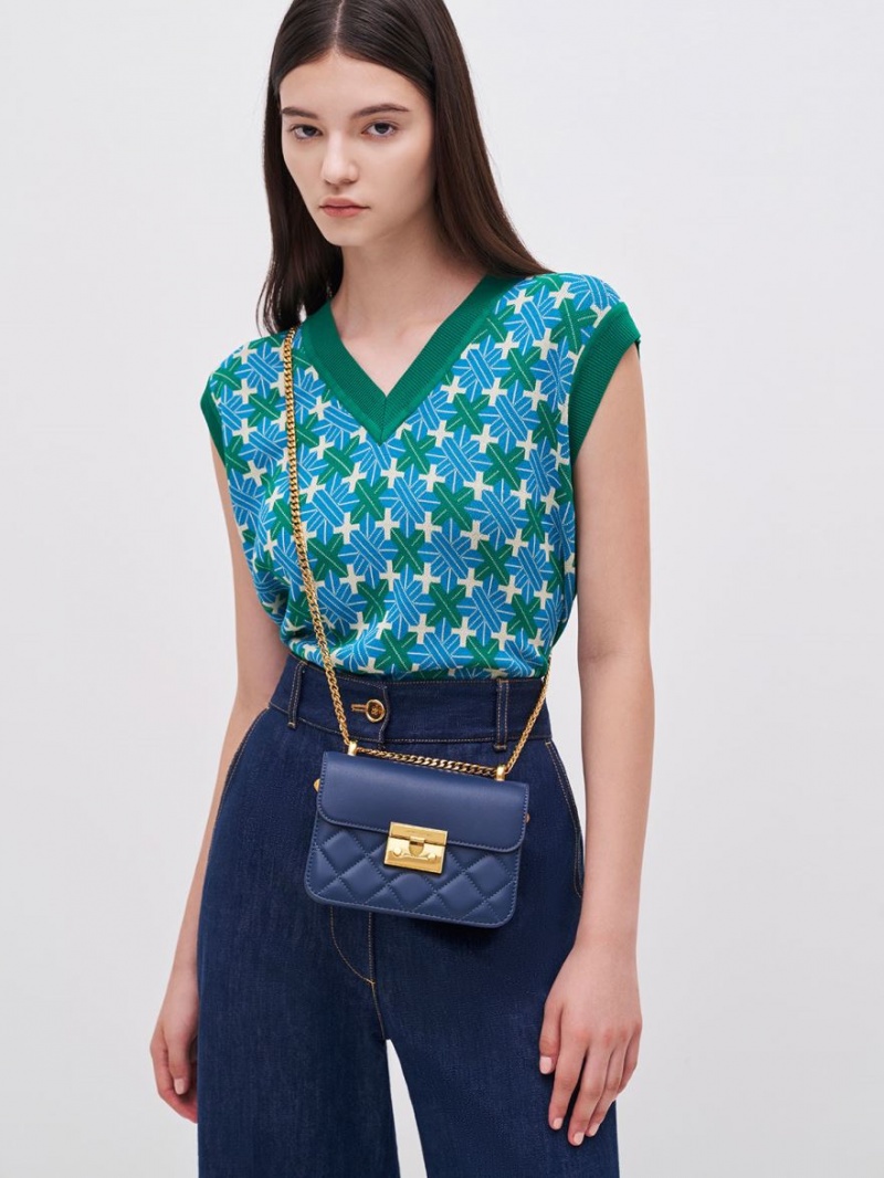 Geanta De Umar Charles & Keith Metallic Push-Lock Chain Bleumarin | 409YTIZCV