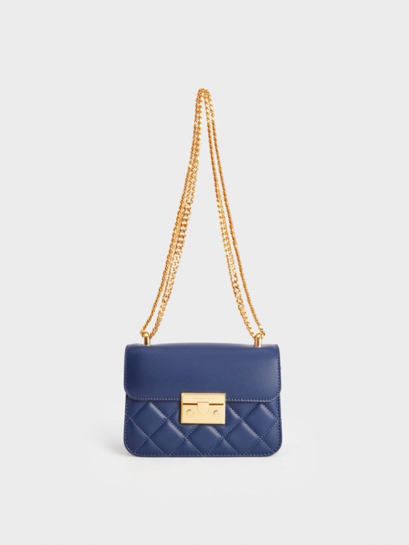 Geanta De Umar Charles & Keith Metallic Push-Lock Chain Bleumarin | 409YTIZCV