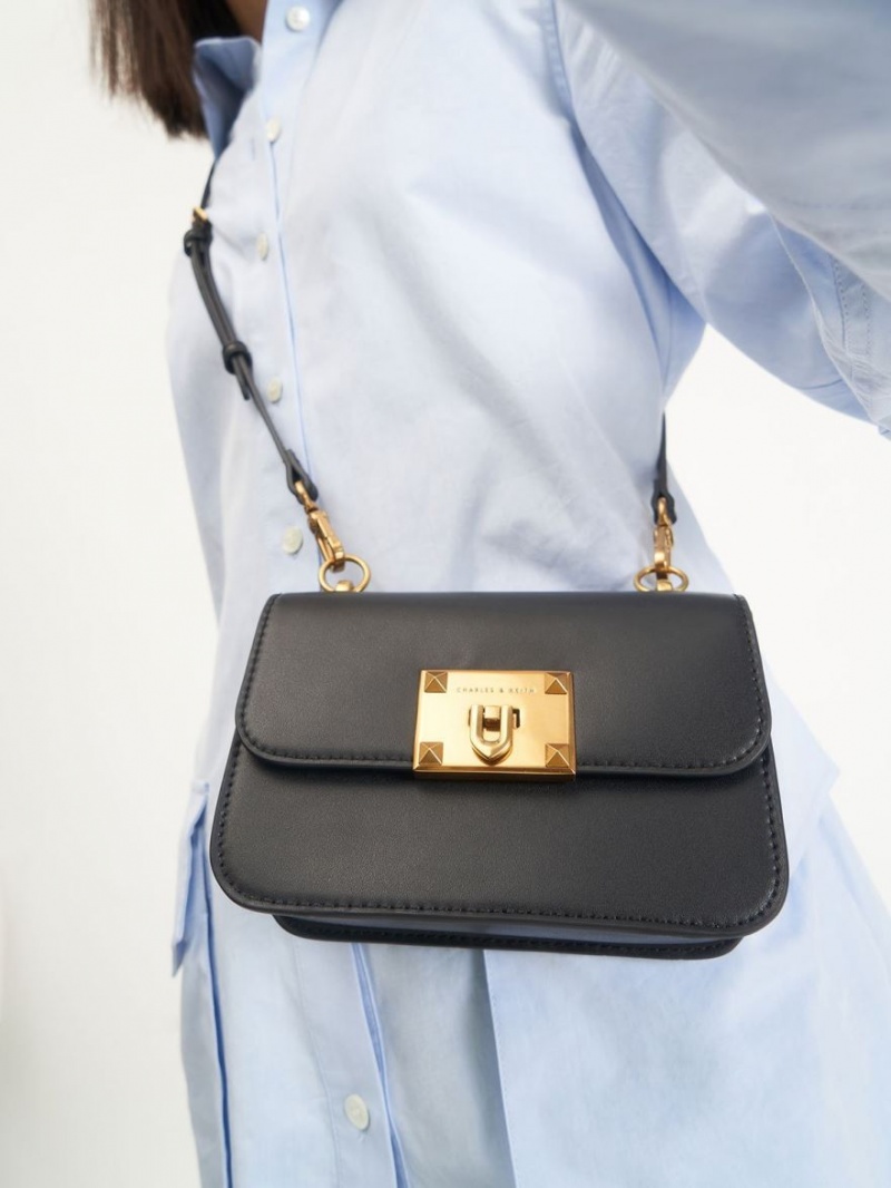 Geanta De Umar Charles & Keith Metallic Turn-Lock Negrii | 473GJRFNP