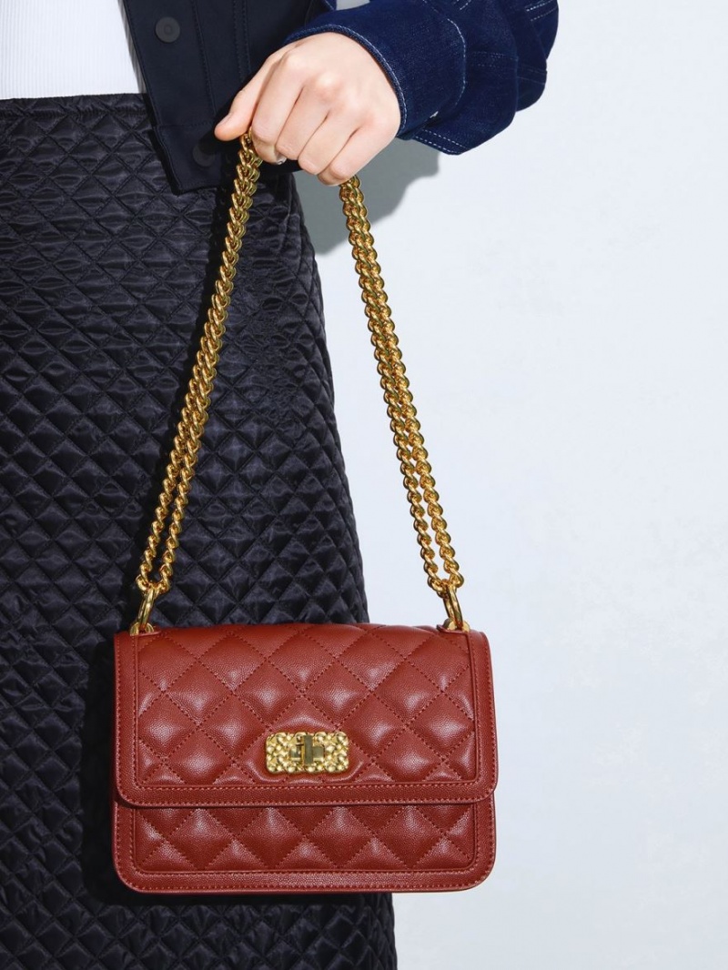Geanta De Umar Charles & Keith Micaela Matlasat Chain Rosii Inchis | 597NQBCOL