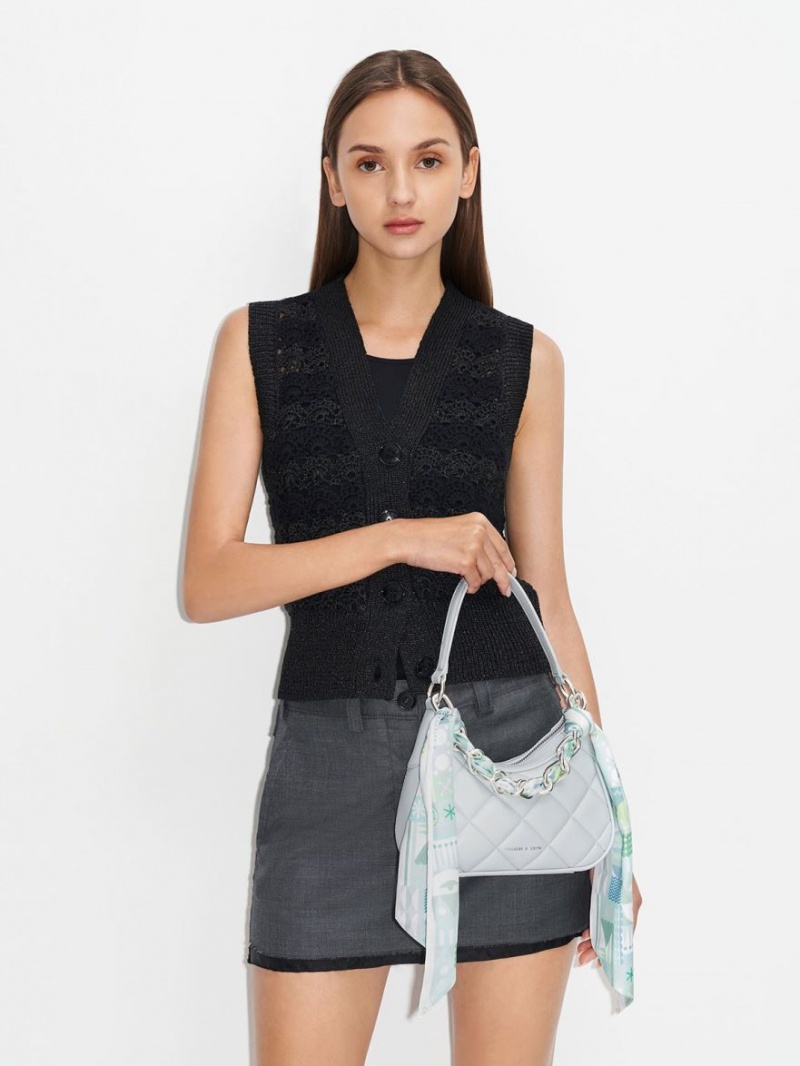 Geanta De Umar Charles & Keith Mini Alcott Scarf Handle Matlasat Gri Deschis | 489KJCMWH