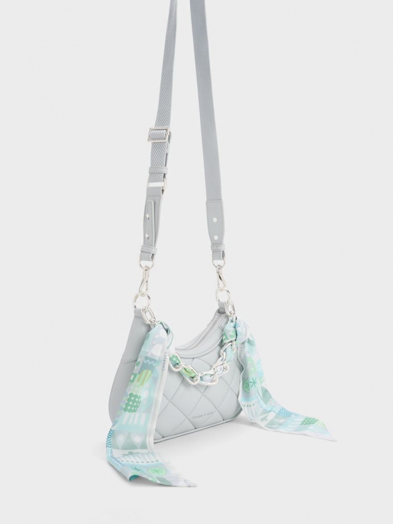 Geanta De Umar Charles & Keith Mini Alcott Scarf Handle Matlasat Gri Deschis | 489KJCMWH