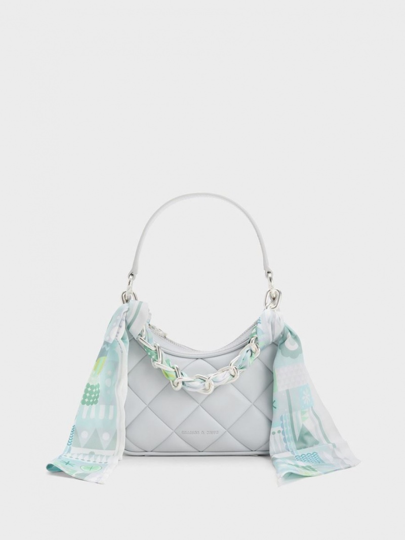 Geanta De Umar Charles & Keith Mini Alcott Scarf Handle Matlasat Gri Deschis | 489KJCMWH
