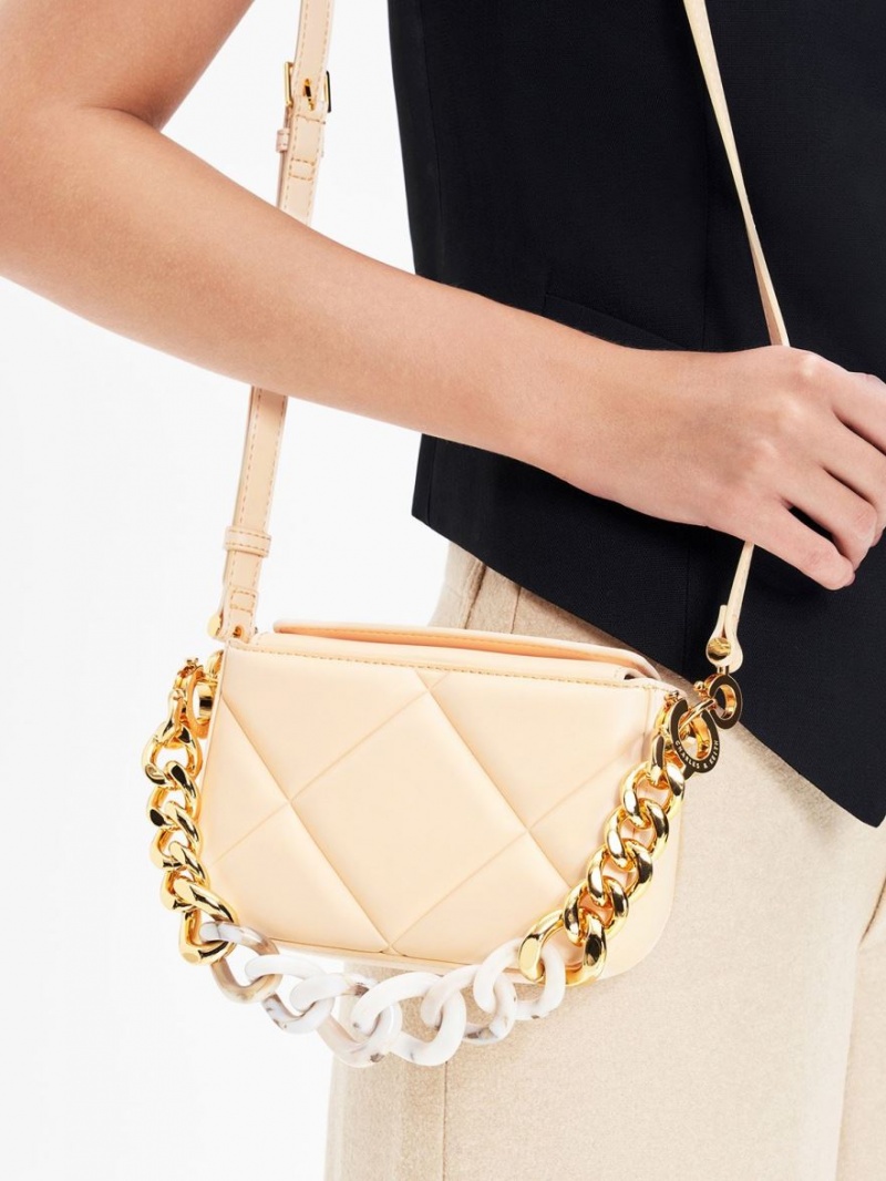 Geanta De Umar Charles & Keith Mini Danika Grosolan Chain Căptușită Bej | 307PGFANK