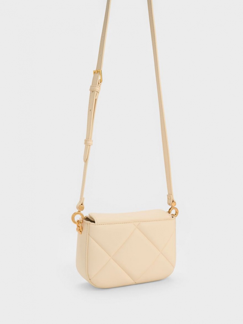 Geanta De Umar Charles & Keith Mini Danika Grosolan Chain Căptușită Bej | 307PGFANK