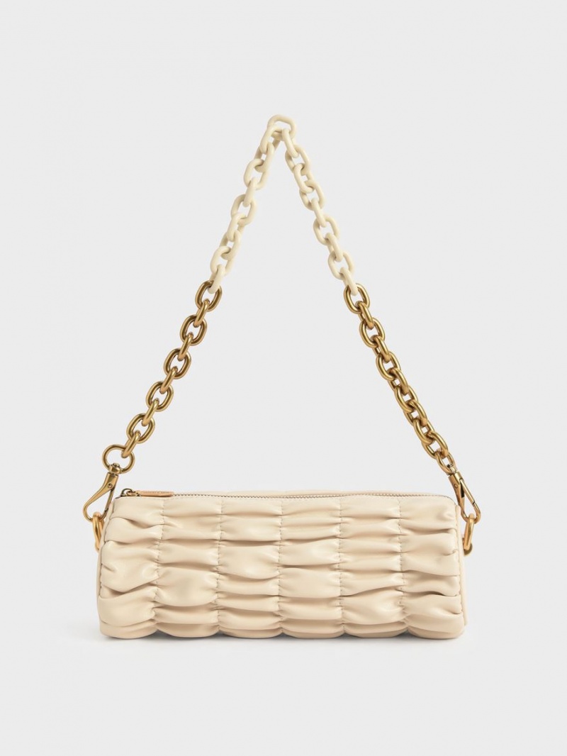 Geanta De Umar Charles & Keith Tallulah Ruched Chain-Handle Bej | 537QPMIKC