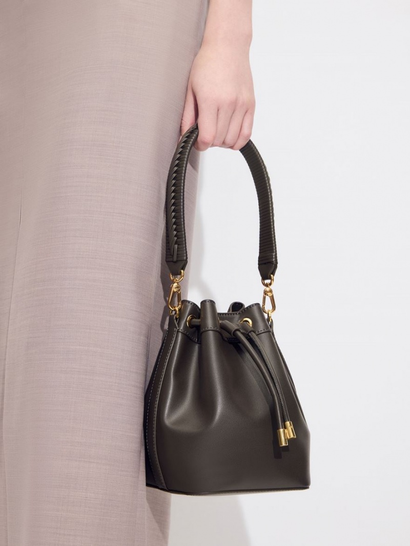 Geanta Galeata Charles & Keith Braided-Handle Drawstring Negrii | 134ZNKPGA