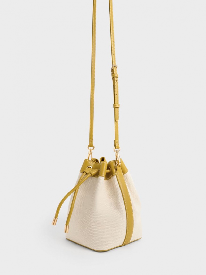 Geanta Galeata Charles & Keith Braided-Handle Drawstring Muștar | 894KOMALC