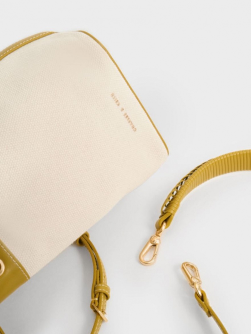 Geanta Galeata Charles & Keith Braided-Handle Drawstring Muștar | 894KOMALC