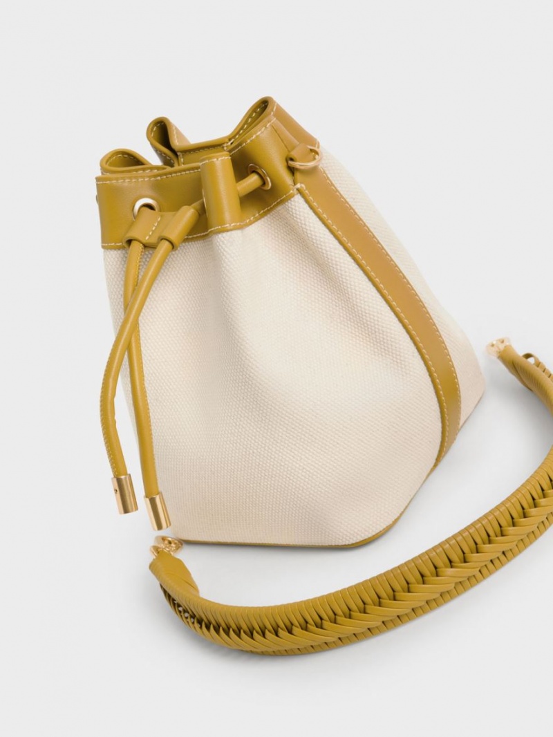 Geanta Galeata Charles & Keith Braided-Handle Drawstring Muștar | 894KOMALC