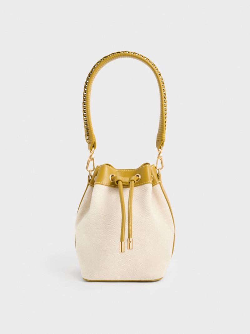Geanta Galeata Charles & Keith Braided-Handle Drawstring Muștar | 894KOMALC