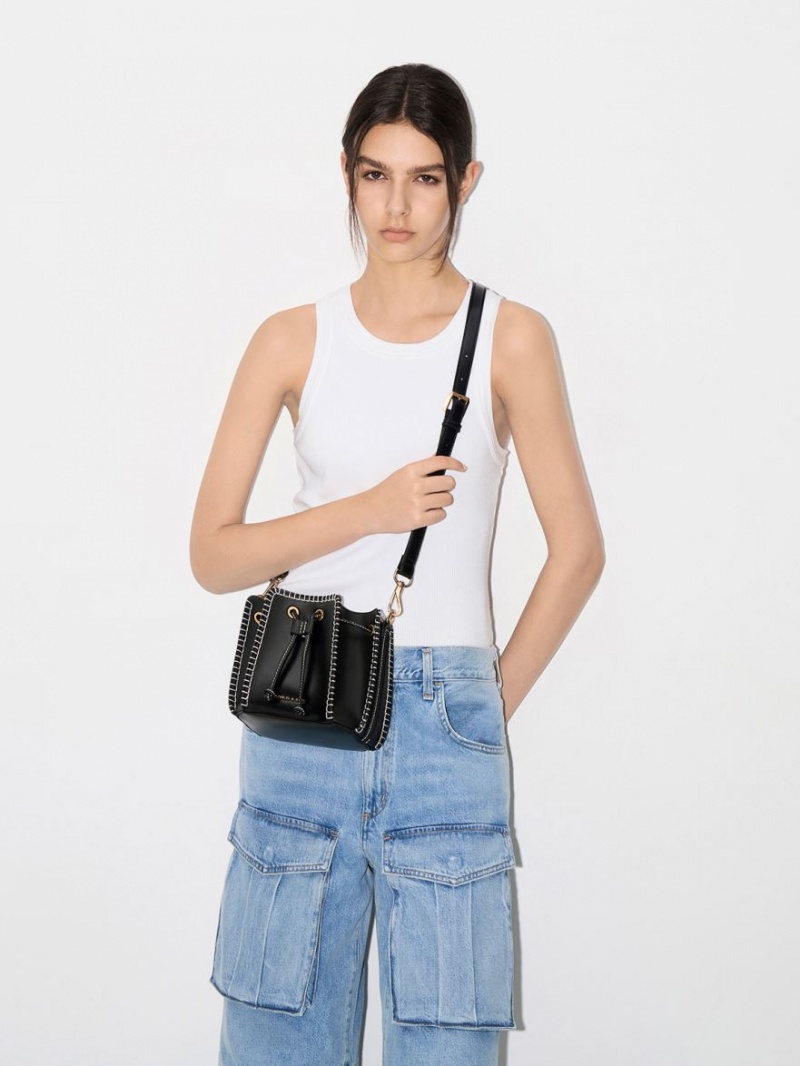 Geanta Galeata Charles & Keith Circe Stitch-Trim Negrii | 091NSMFDI