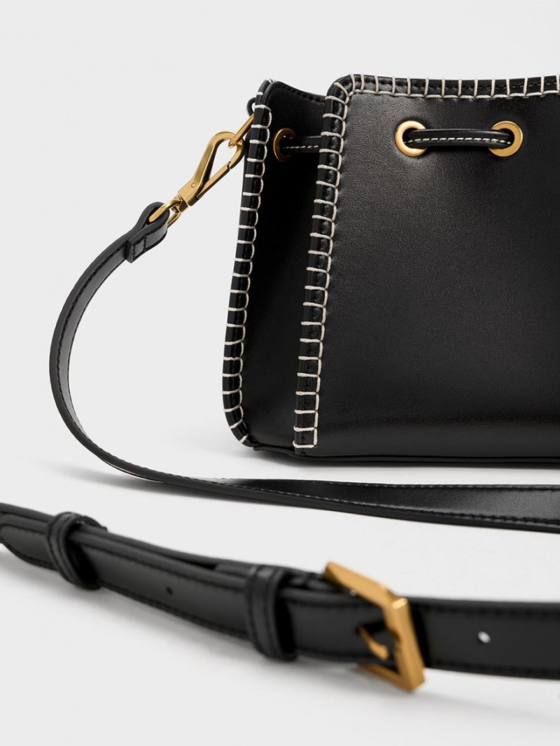 Geanta Galeata Charles & Keith Circe Stitch-Trim Negrii | 091NSMFDI