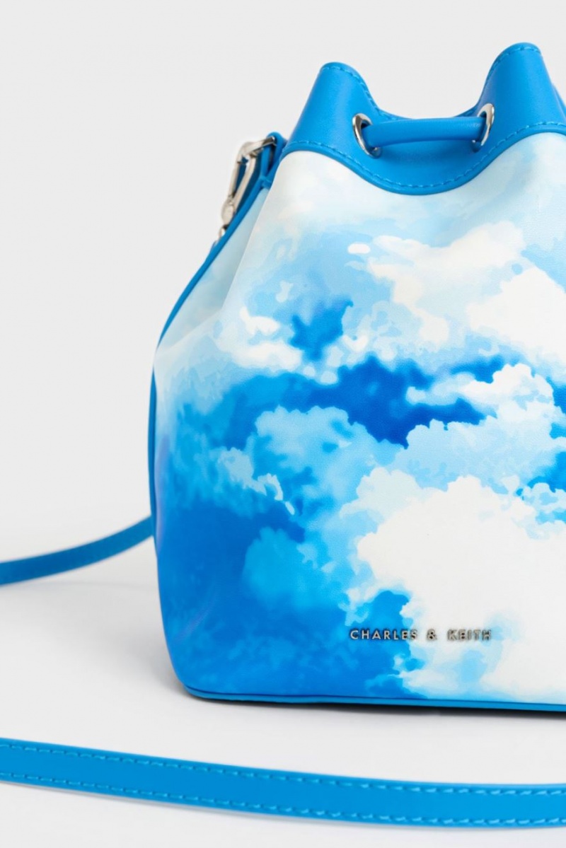 Geanta Galeata Charles & Keith Cloud-Print Braided-Handle Drawstring Albastri | 354PZAQKY