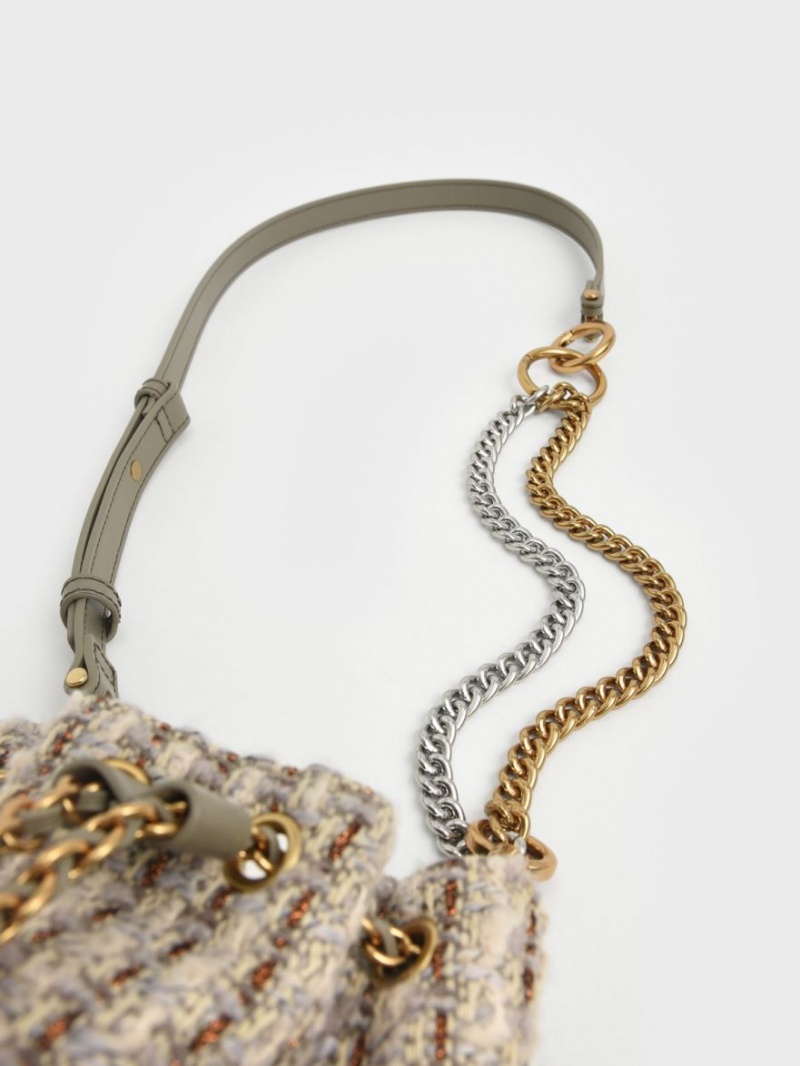 Geanta Galeata Charles & Keith Dancer Grosolan Chain Tweed Gri | 670WCZYXJ