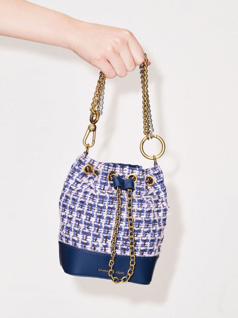 Geanta Galeata Charles & Keith Dancer Tweed Drawstring Bleumarin | 091RHWKXO