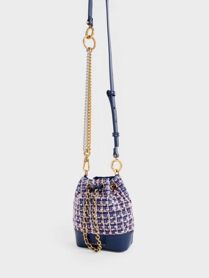 Geanta Galeata Charles & Keith Dancer Tweed Drawstring Bleumarin | 091RHWKXO