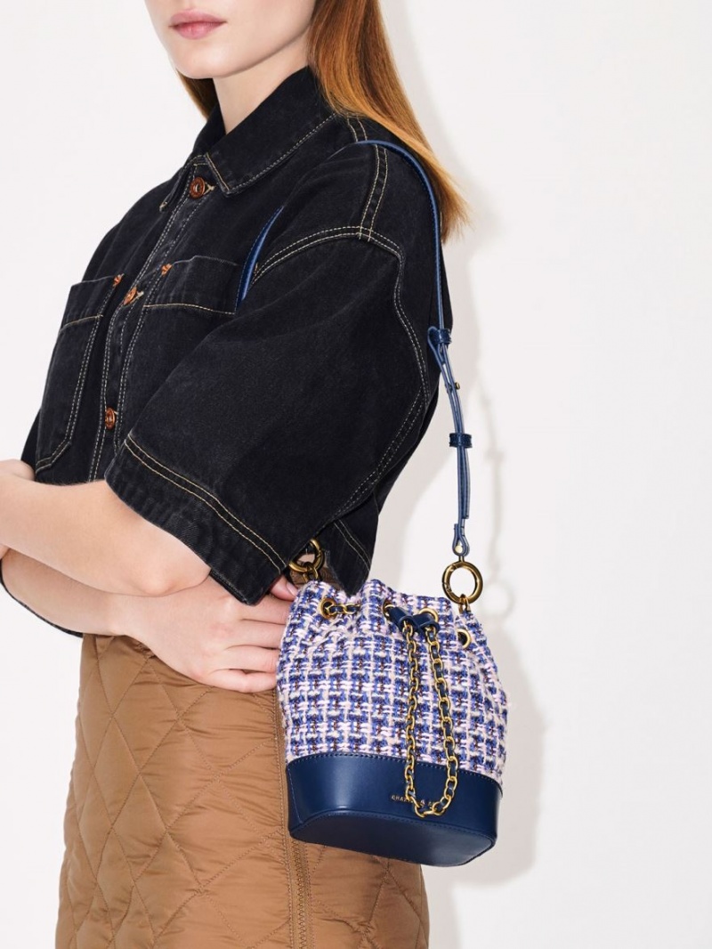Geanta Galeata Charles & Keith Dancer Tweed Drawstring Bleumarin | 091RHWKXO
