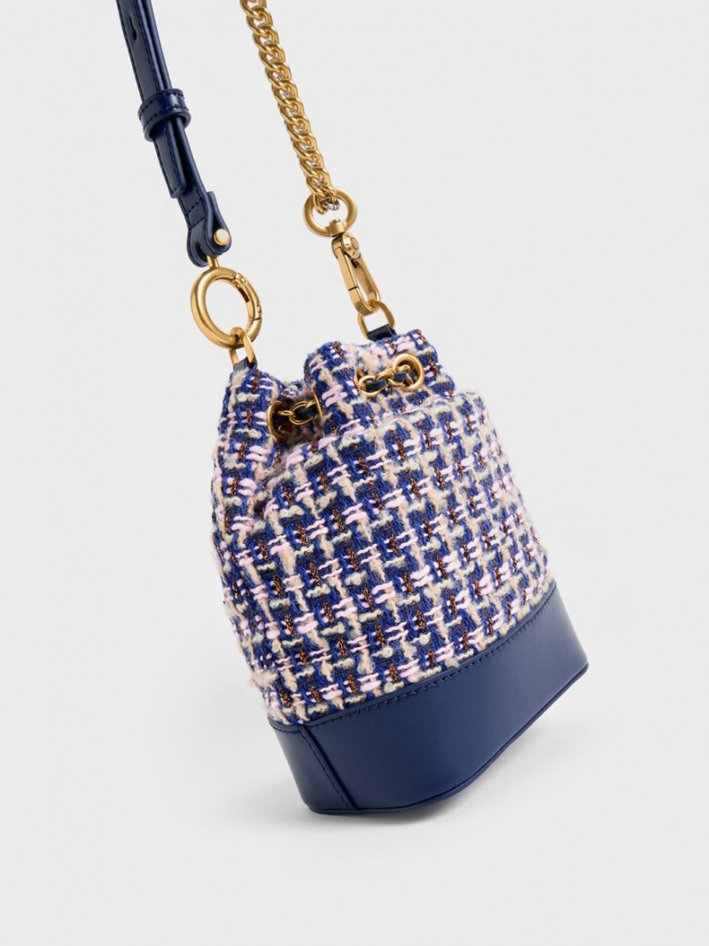 Geanta Galeata Charles & Keith Dancer Tweed Drawstring Bleumarin | 091RHWKXO