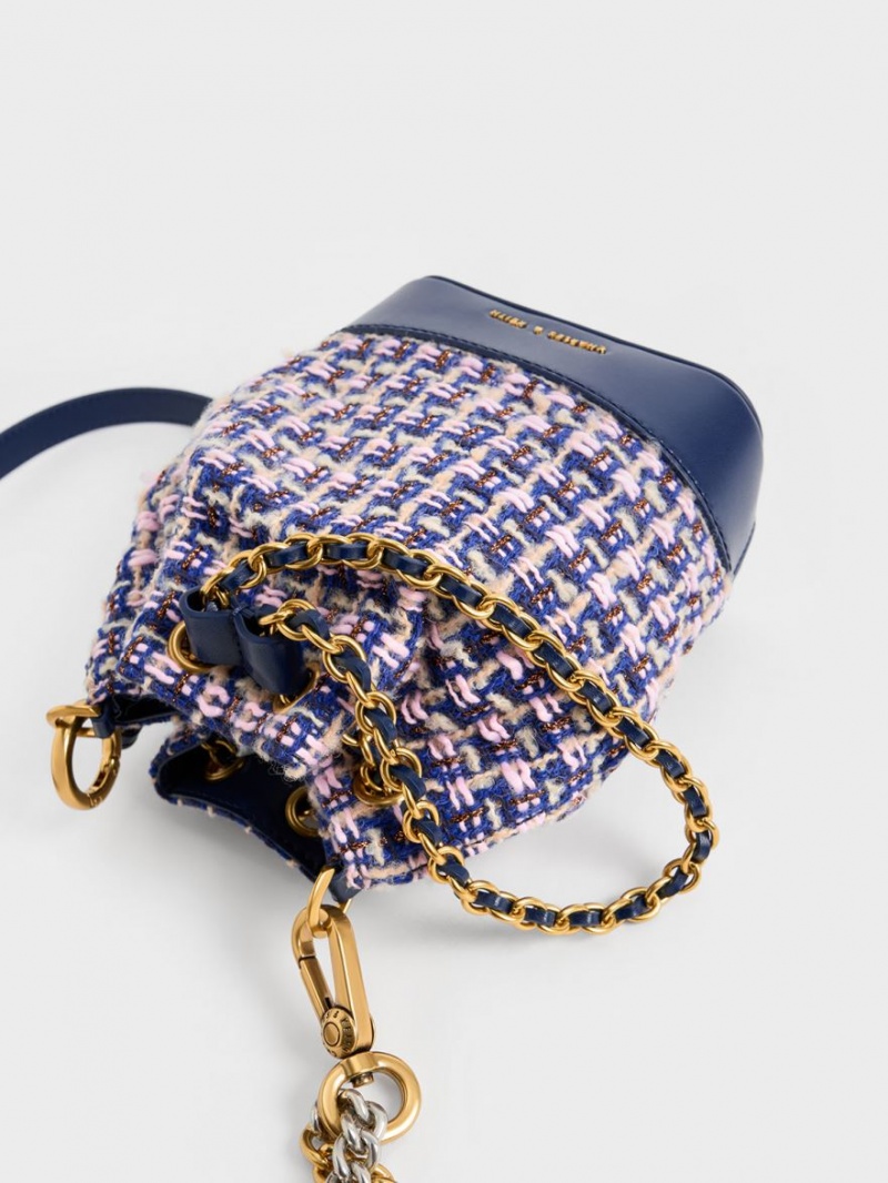 Geanta Galeata Charles & Keith Dancer Tweed Drawstring Bleumarin | 091RHWKXO