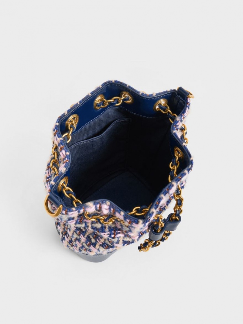 Geanta Galeata Charles & Keith Dancer Tweed Drawstring Bleumarin | 091RHWKXO