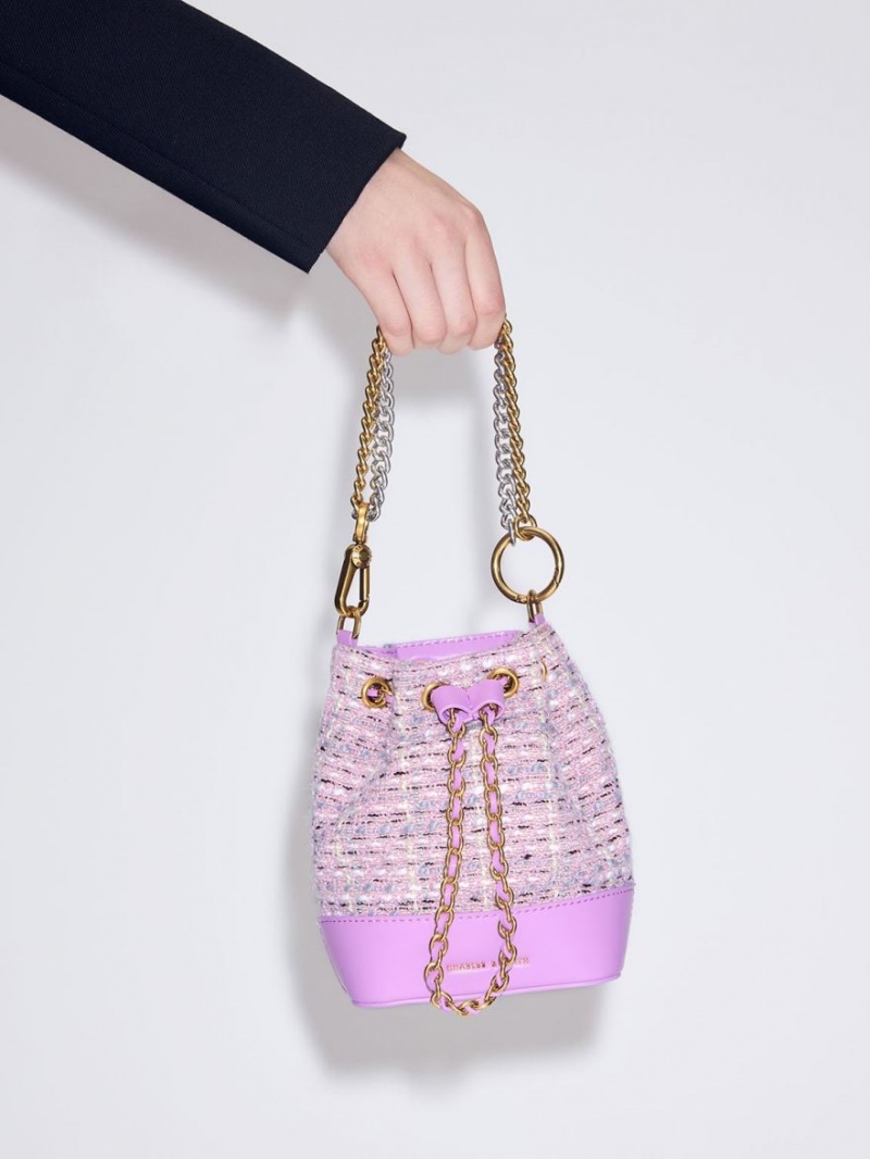 Geanta Galeata Charles & Keith Dancer Tweed Drawstring Violet | 928XMVRQH