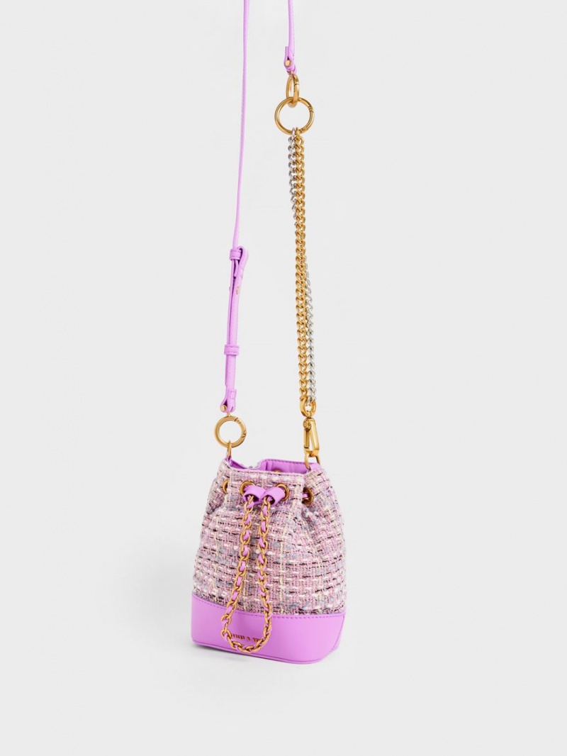 Geanta Galeata Charles & Keith Dancer Tweed Drawstring Violet | 928XMVRQH