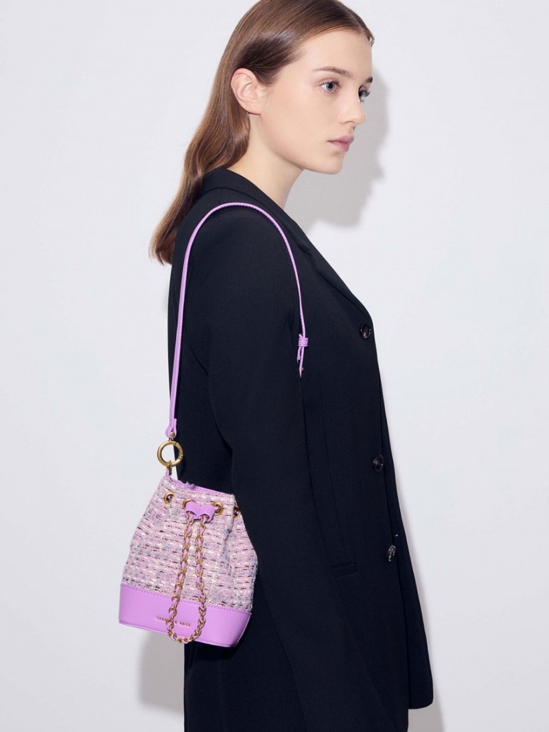 Geanta Galeata Charles & Keith Dancer Tweed Drawstring Violet | 928XMVRQH