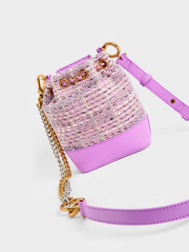 Geanta Galeata Charles & Keith Dancer Tweed Drawstring Violet | 928XMVRQH