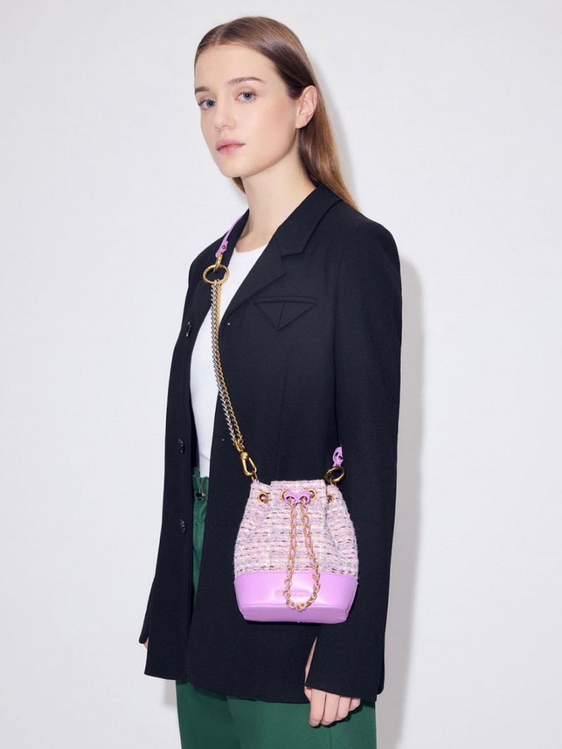 Geanta Galeata Charles & Keith Dancer Tweed Drawstring Violet | 928XMVRQH