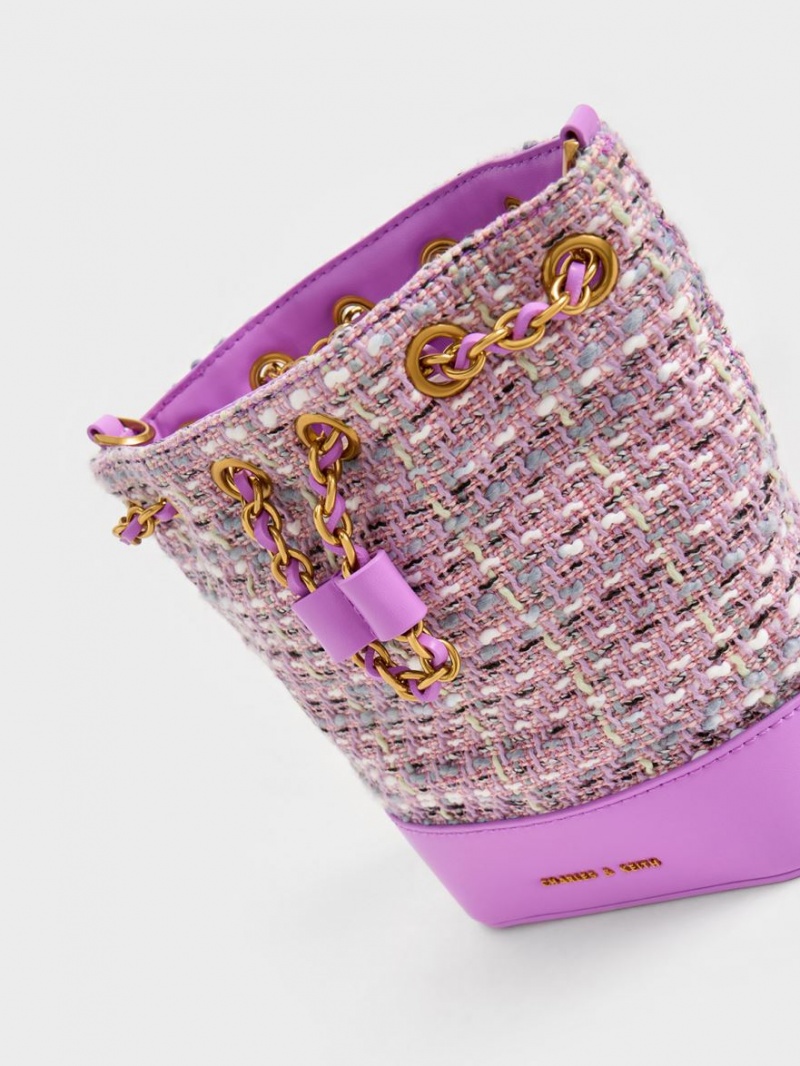 Geanta Galeata Charles & Keith Dancer Tweed Drawstring Violet | 928XMVRQH