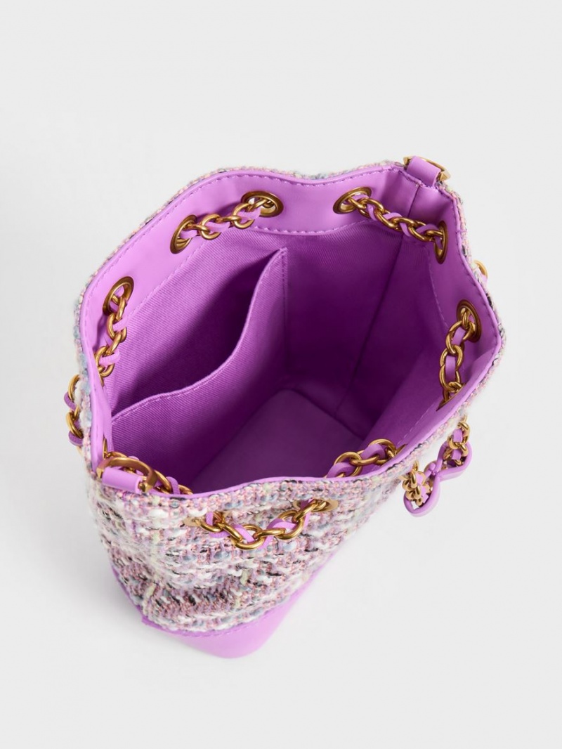 Geanta Galeata Charles & Keith Dancer Tweed Drawstring Violet | 928XMVRQH