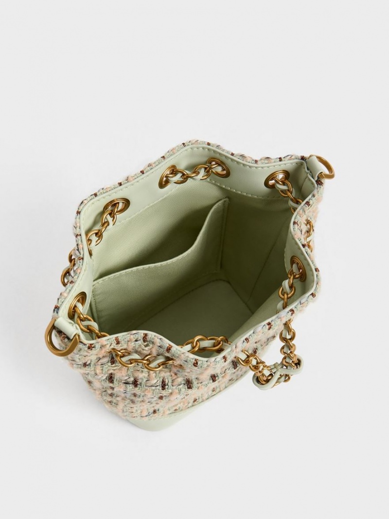 Geanta Galeata Charles & Keith Dancer Tweed Drawstring Verde Menta | 019CEDJUQ