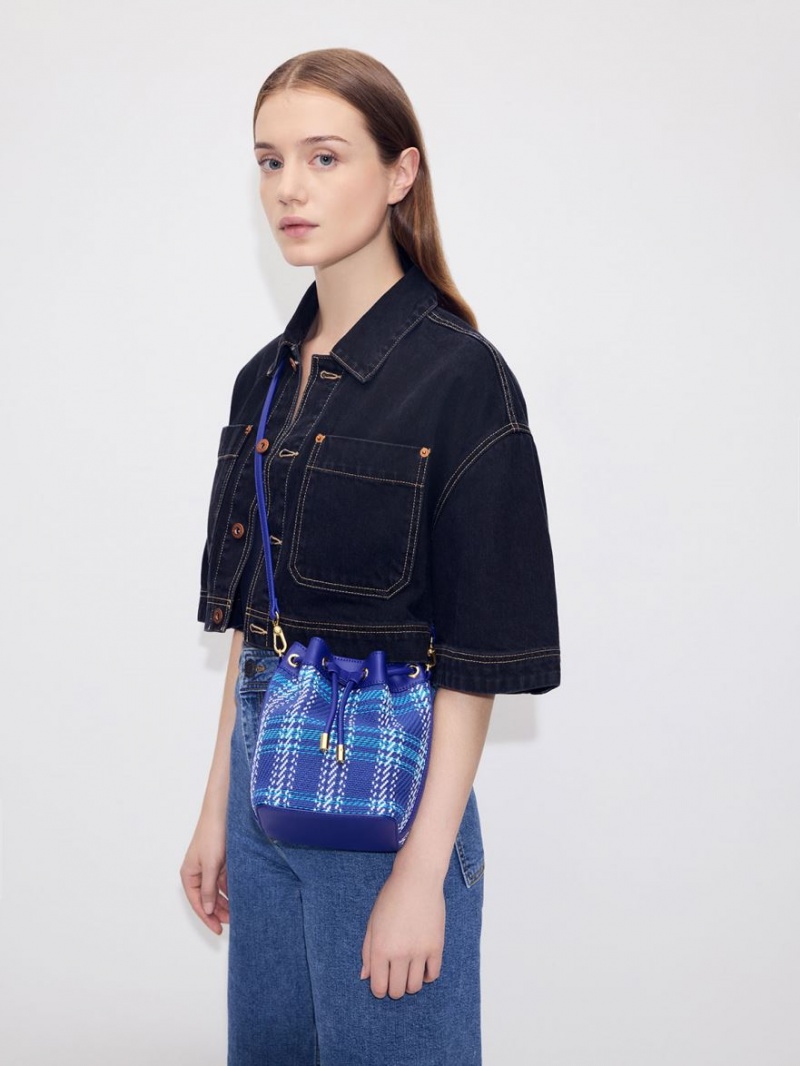 Geanta Galeata Charles & Keith Tweed Braided-Handle Drawstring Albastri | 350UFISCZ