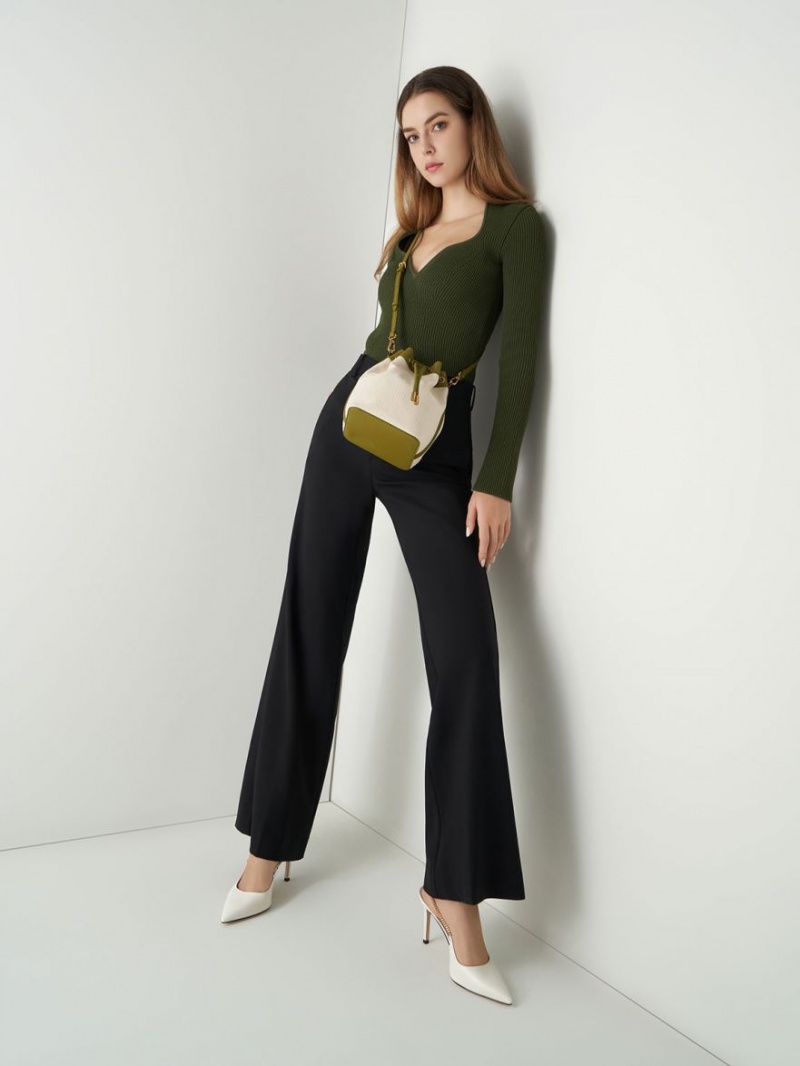 Geanta Galeata Charles & Keith Woven Handle Panza Masline Verzi Albi | 953AVDNIT