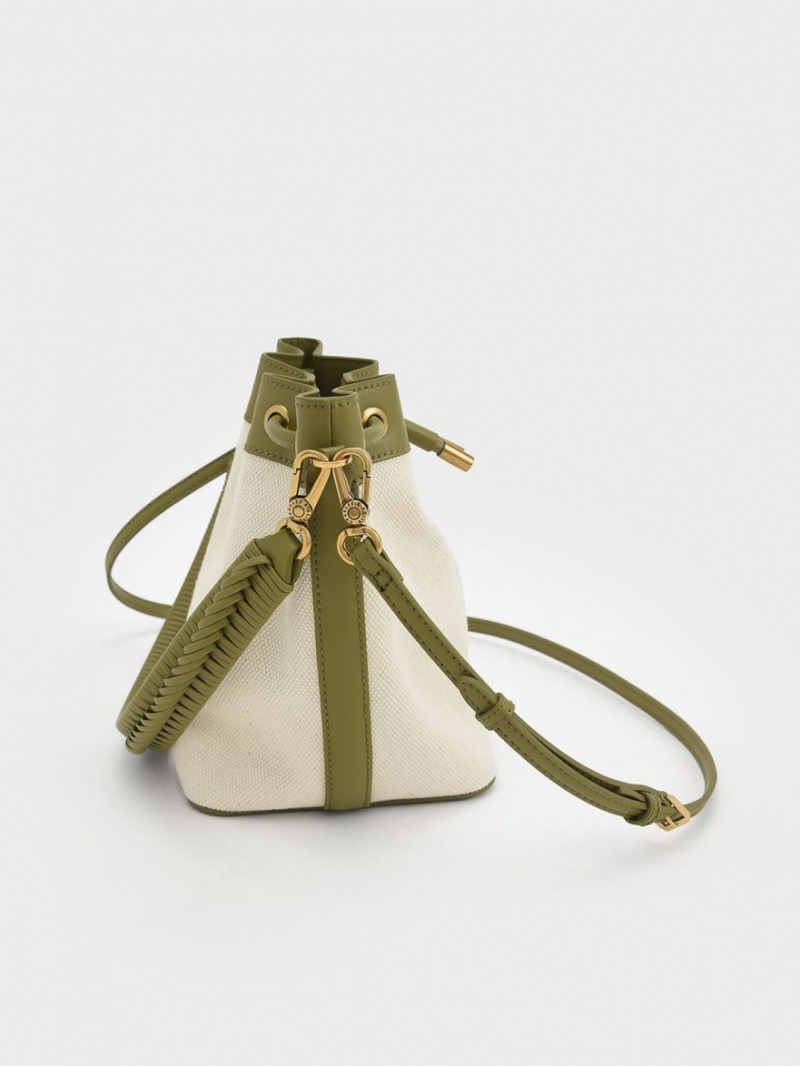 Geanta Galeata Charles & Keith Woven Handle Panza Masline Verzi Albi | 953AVDNIT