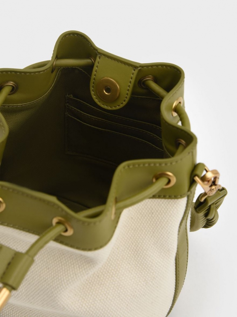 Geanta Galeata Charles & Keith Woven Handle Panza Masline Verzi Albi | 953AVDNIT