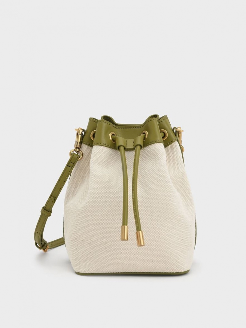 Geanta Galeata Charles & Keith Woven Handle Panza Masline Verzi Albi | 953AVDNIT
