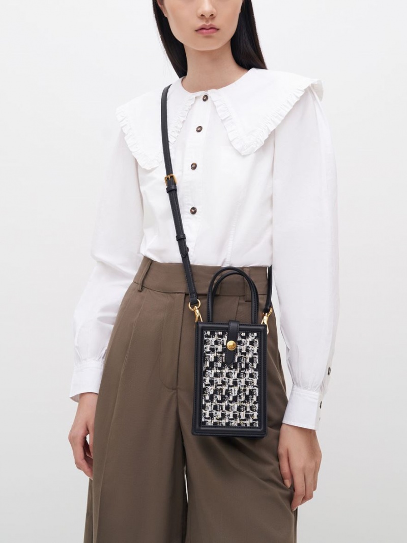 Geanta Telefon Charles & Keith Este Belted Tweed Negrii | 807YLFZGU